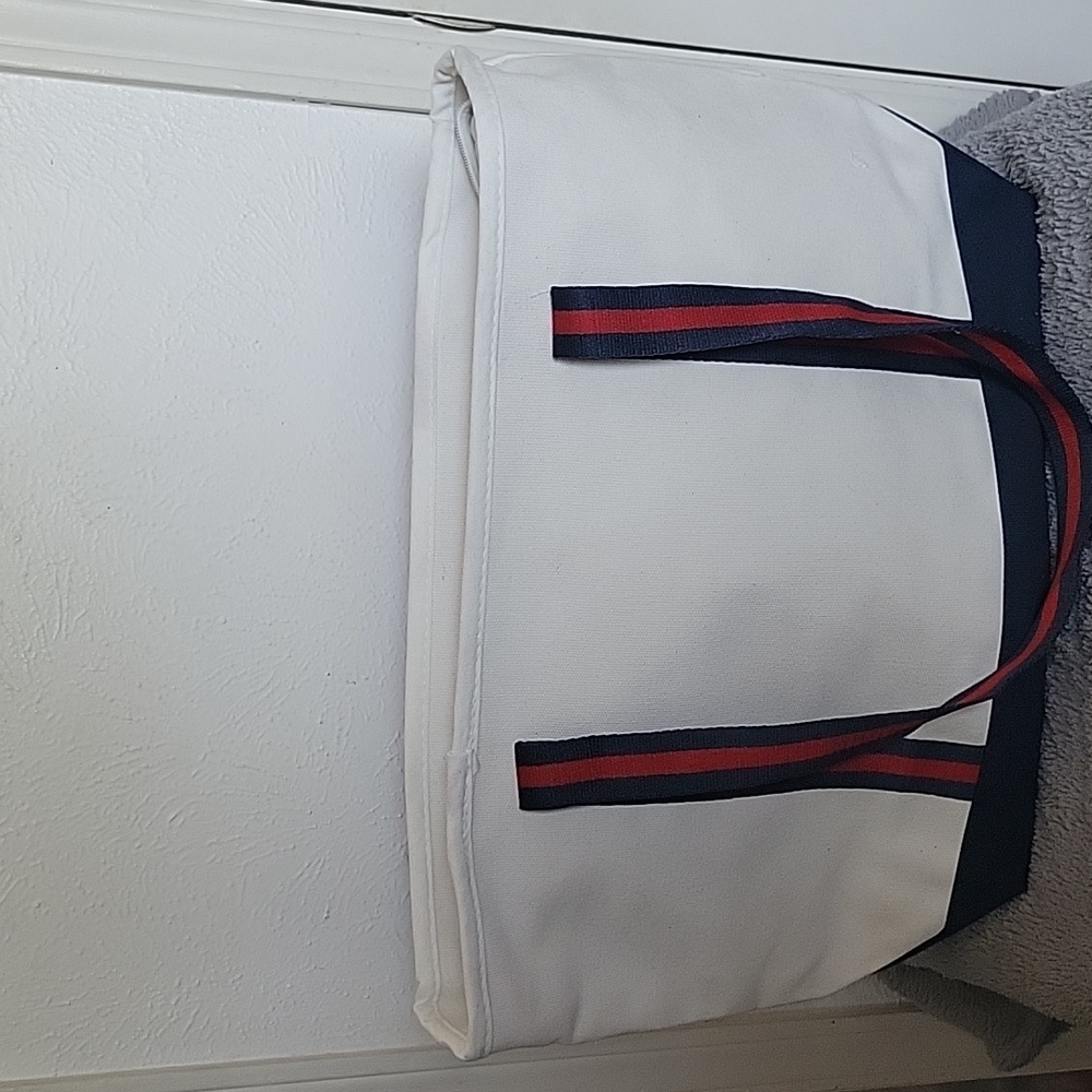 White Canvas Tote with Navy Base and Striped Shoulder Straps - Picture 2 of 4
